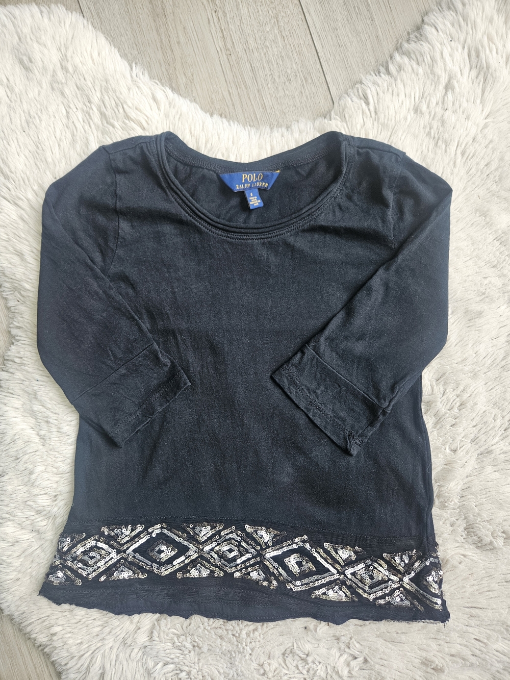 Polo Ralph Lauren Girls Black 3/4 Sleeve Top with Sequin Embellished Hem🩷